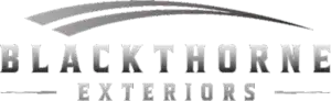 Blackthorne Exteriors logo with stylized roof design in silver and black.