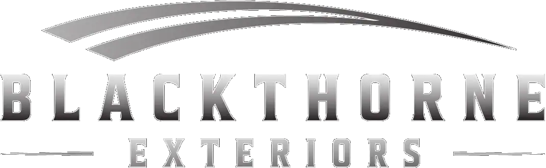 Blackthorne Exteriors logo with stylized roof design in silver and black.